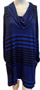 Avenue Sz 30/32 Cowl Neck Shark Bite Tunic Top Slinky Black Blue Stripes NEW $54 - Picture 1 of 8