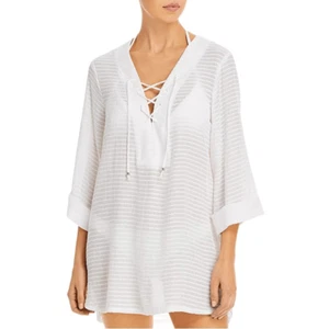 J. Valdi Santa Barbara Big Shirt Tunic Coverup Size Large Swimwear Striped Sheer - Picture 1 of 6