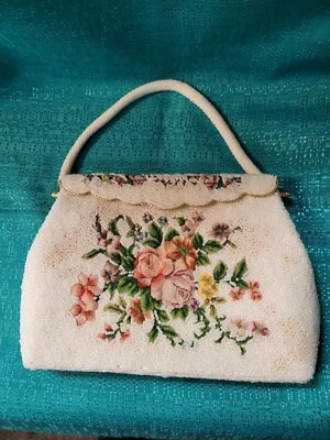 Vintage 1930s White Beaded Cross Stitch Handbag  - Image 1 of 4