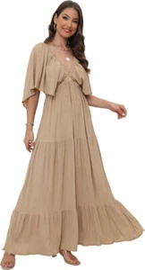 NEW $60 SIZE XLARGE XL KHAKI SUNNOW DEEP V-Neck Tiered FLUTTER SELEVE DRESS - Picture 1 of 5