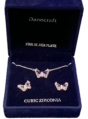 Danecraft Silver Plate Cubic Zirconia Butterfly Pendant Necklace & Earrings Pink - Image 1 of 4