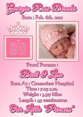 Baby Girl Birth Announcement Poster - Personalised With Photo, Names & Text • 9.50$