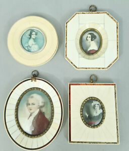 B0468 4 Miniatur Porträts, Gouache im Rahmen hinter Glas, u.a. Mozart, um1930/40
