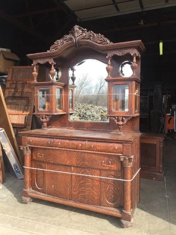 Antique Oak Sideboard Beveled Mirrors Beveled Glass Cherubs Heavy Carving Cover