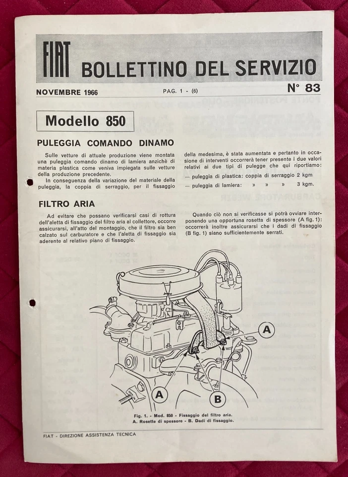 Fiat BOLLETTINO DEL SERVIZIO modello 850 n. 83 1966 - Immagine 1 di 1