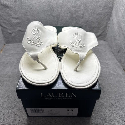 Sandálias femininas Lauren Ralph Lauren couro creme logotipo 8B flip flop praia preppy - Imagem 1 de 4