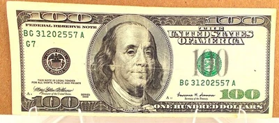 1999  $100.00 BILL,  SEAL is MISALIGNED, 25+ yrs, w/ FREE  Holder, BG 31202557 A - Image 1 of 4