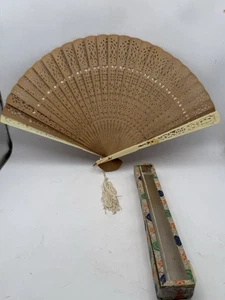 Vintage Ladies Hand Fan Cut Out Lace Pattern Wood Folding Fan Original Box - Picture 1 of 7