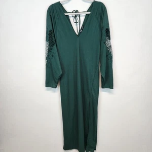 Zara Maxikleid Spitzenärmel lässig Gr. L grün V-Ausschnitt Seitenschlitz Garten Goth - Bild 1 von 16