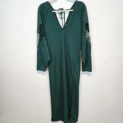 Vestido maxi Zara manga de renda desleixado tamanho G verde decote em V fenda lateral jardim gótico - Imagem 1 de 4