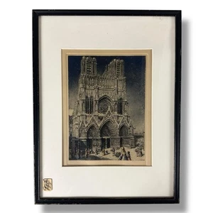 Antike Farbradierung Dom zu Reims - markante Schneeszene - Künstler unbekannt - Bild 1 von 16