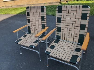 VTG Webbed Folding Lawn Chairs Wooden Armrest Retro Set 1970s Lot Of 2  - Image 1 of 4