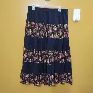 Maxi gonna Derek cuore nera floreale cotone XL boho cottage orlo invecchiato - Foto 1 di 6