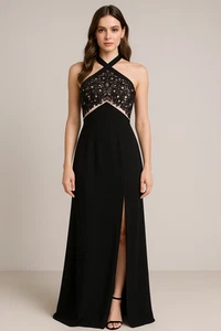 UNBRANDED BLACK HALTER NECK SLEEVLESS LACE TOP FORMAL DRESS SIZE 10 - Picture 1 of 8