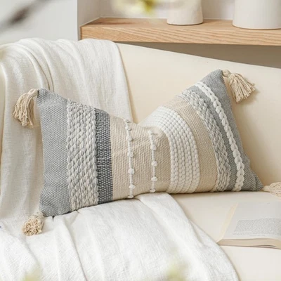 Decorative Lumbar Throw Pillow Cover 14x24 Boho Gray Accent Cushion for Couch... - Image 1 of 4