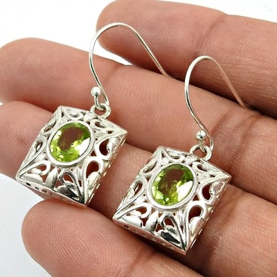 925�Sterling Silver Peridot Gemstone Dangling Hook Christmas Gift Earrings - Image 1 of 4