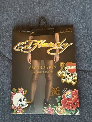 Meia-calça feminina Ed Hardy tamanho M/L preta segunda pele 20 denier nova com etiquetas 2 pares - Imagem 1 de 2
