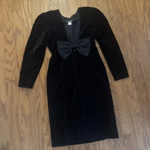 Vintage Samantha Black Velvet Dress Sz 10 Puff Sleeve Satin Bow Glam Revival - Picture 1 of 8