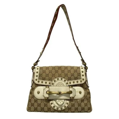 GUCCI 144010 Horsebit Shoulder Bag GG Canvas Beige Authentic Used From Japan - Bild 1 von 4