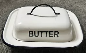 Graniteware Enamelware Butter Dish White W/ Cobalt Trim True Vintage Rustic Farm - Picture 1 of 6