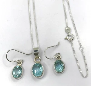 Sky blue topaz oval pendant and earrings set, solid sterling silver, gift box. - Picture 1 of 9