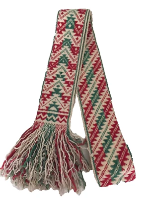 Faixa de lã vintage tecida à mão com franjas vermelho/verde/bege 86x4" - Imagem 1 de 3