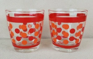 VTG 2 Sour Cream Glasses Hazel Atlas 1/2 Pint 50"s Red Orange Polka Dots Retro - Picture 1 of 12
