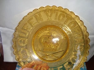 Queen Victoria Jubilee Bowl ~ 1837 to 1887 ~ Amber Glass ~ Pressed Beading 9.5in - Picture 1 of 12
