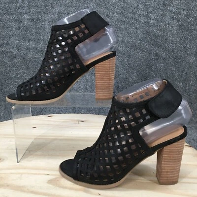 Report High Heels Womens 6 Rumi Laser Cut Caged Open Toe Black Faux Leather - Image 1 of 4