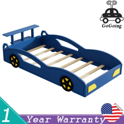 Marco de cama de coche de carreras de madera plataforma en forma de coche cama doble con ruedas para niños Foto 1 de 4