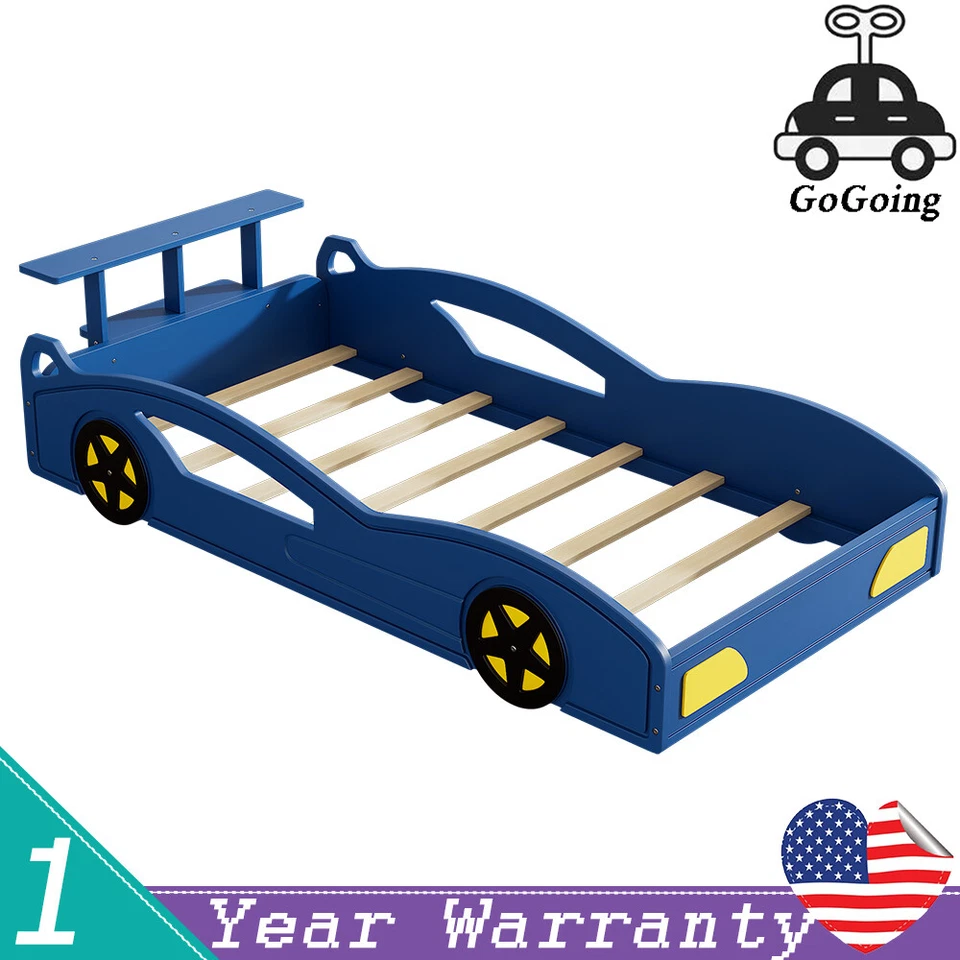 Cama de solteiro plataforma em forma de carro de corrida de madeira com rodas para criança - Imagem 1 de 4