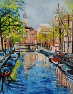 YARY DLUHOS Amsterdam Netherlands Cityscape Canals Original Art Oil Painting - Picture 1 of 15