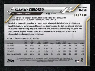 2020 Topps Update Advanced Stat #U-226 Franchy Cordero #/300 San Diego Padres - Image 1 of 2
