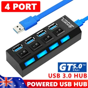 Multi USB 3.0 Hub 4 Port High Speed Adapter Expansion Splitter w/ ON/OFF Switchs - Picture 1 of 12