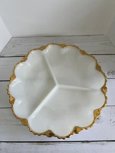 Vintage Anchor Hocking Fire King Milk Glass Divided Relish Tray, Gold Trim - Picture 1 of 5