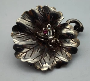 Antique Fly on Leaf Sterling Silver Pearl Ruby Brooch Pin - Picture 1 of 7