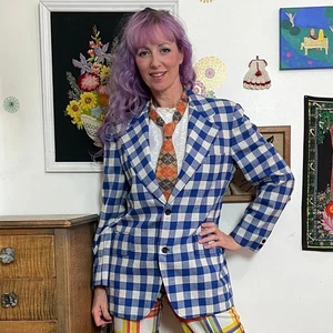 Vintage Blue Gingham Blazer, 1970s Wide Lapel Sportcoat Suit Jacket, Sz S-M - Picture 1 of 10