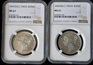 LOT OF 2 COINS 1840 B & C EAST INDIA COMPANY SILVER RUPEE NGC MS61 - Picture 1 of 2