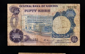 50 KOBO VG  BANKNOTE FROM  NIGERIA  1973-78   PICK-14 - Picture 1 of 2