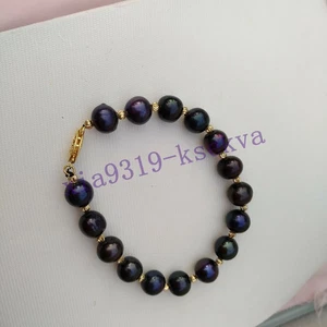 7.5-8" AAA 10-9mm Tahitian Natural South Sea Black Pearl Bracelet 14k Gold P - Picture 1 of 5