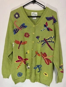 Vintage Sweater Quacker Factory Cardigan Dragon Fly Green Women’s L - Picture 1 of 24