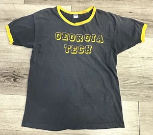 Vintage Champion Shirt Large 70s Blue Bar Ringer Tee Georgia Tech Yellow Jackets - Picture 1 of 9