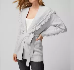 White House Black Market Light Gray White Knit Fringe Cardigan Casual Sweater M - Picture 1 of 10