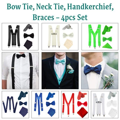 Mens Braces Bow Hanky & Neck Tie Set for Wedding Anniversary Birthday Suspender - Image 1 of 4
