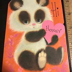 Vintage Valentinstag Karte 60er Jahre Panda Bär rosa Herz orange Hi Honey - Bild 1 von 4