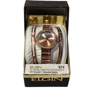Elgin Women's Watch Bracelet Combo Gold Rose Finish 164 Crystals New In Box - Picture 1 of 4
