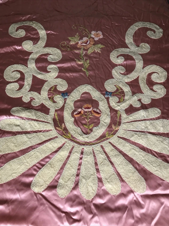 Antique 1920s Embroidered Satin Bedspread Coverlet Twin Boudoir Pink Velvet - Image 1 of 4