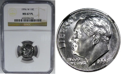 1996-W 10C NGC MS67PL ROOSEVELT ~ DESIRABLE WEST POINT PROOFLIKE! Cover