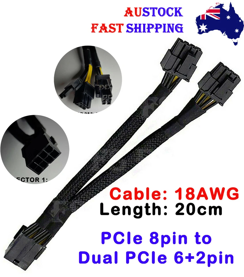 GPU PCIe 8 Pin Female to Dual 8 Pin (6+2) Male PCI Express Power Cable 18AWG - Image 1 of 1