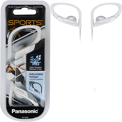 Auriculares deportivos resistentes al agua Panasonic RP-HS34 BLANCOS con clip para orejas ajustable NUEVOS